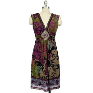 Vintage 90's ICE Mesh Floral Fit & Flare Dress Size 6 Beaded Boho Medallion